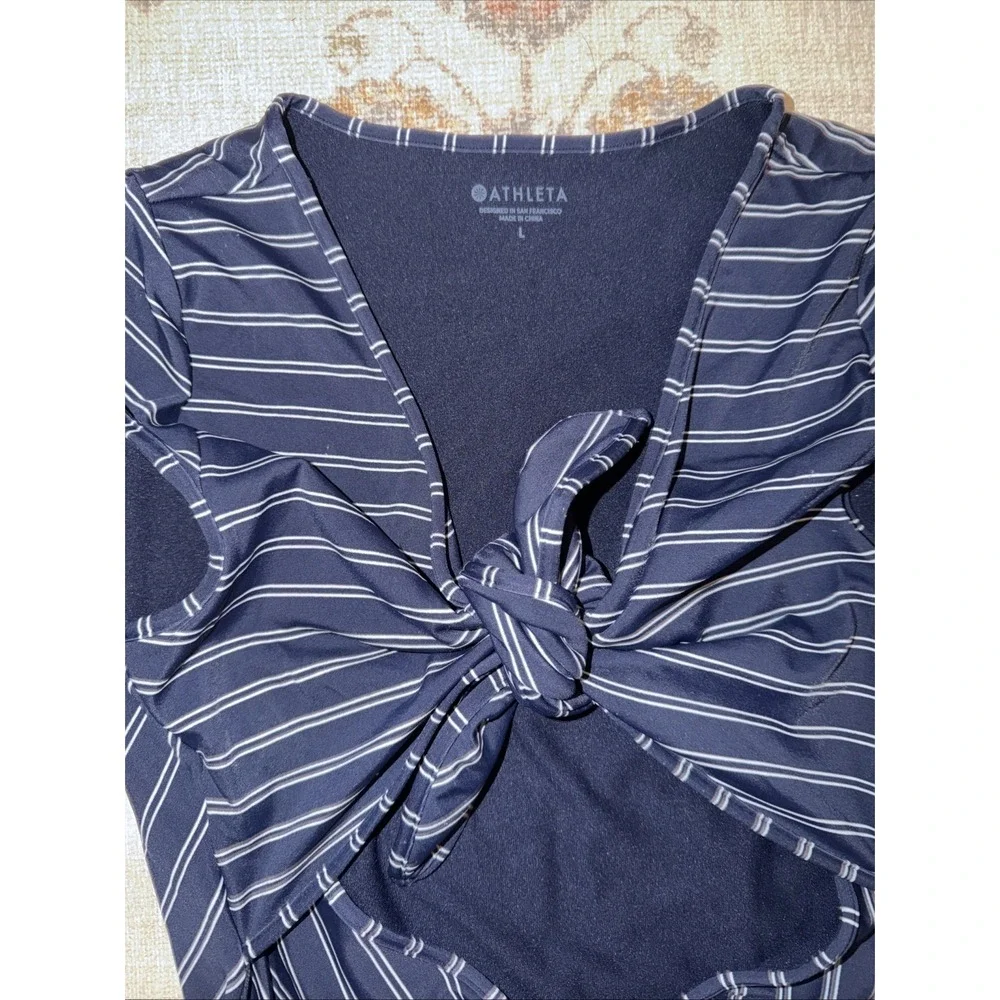 Athleta Swimsuit French Stripe Navy Blue Tie Front Cut Out One Piece Size L